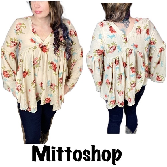 mittoshop Tops - Mittoshop tan floral boho bell sleeve long tunic